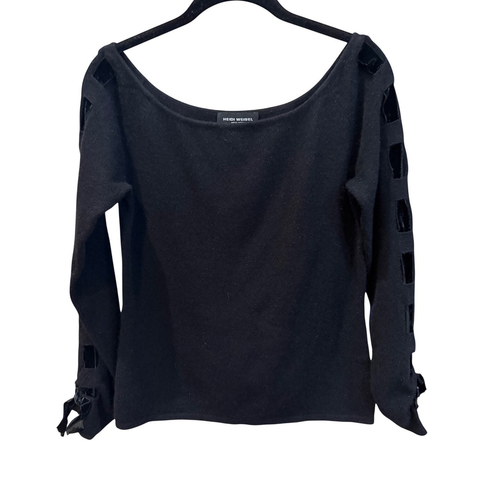 Heidi Weisel Black Cashmere Blend Velvet Ribbon Cut Out Sleeve Sweater Size 10